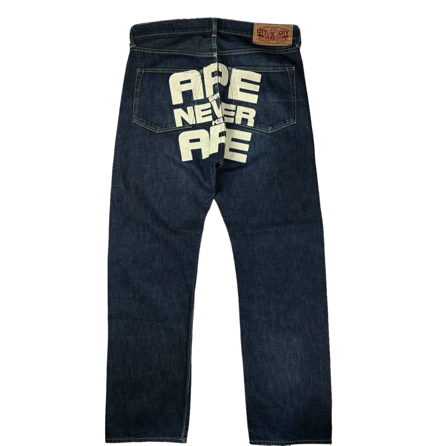 Bape ‘Ape shall never kill ape’ spellout denim jeans