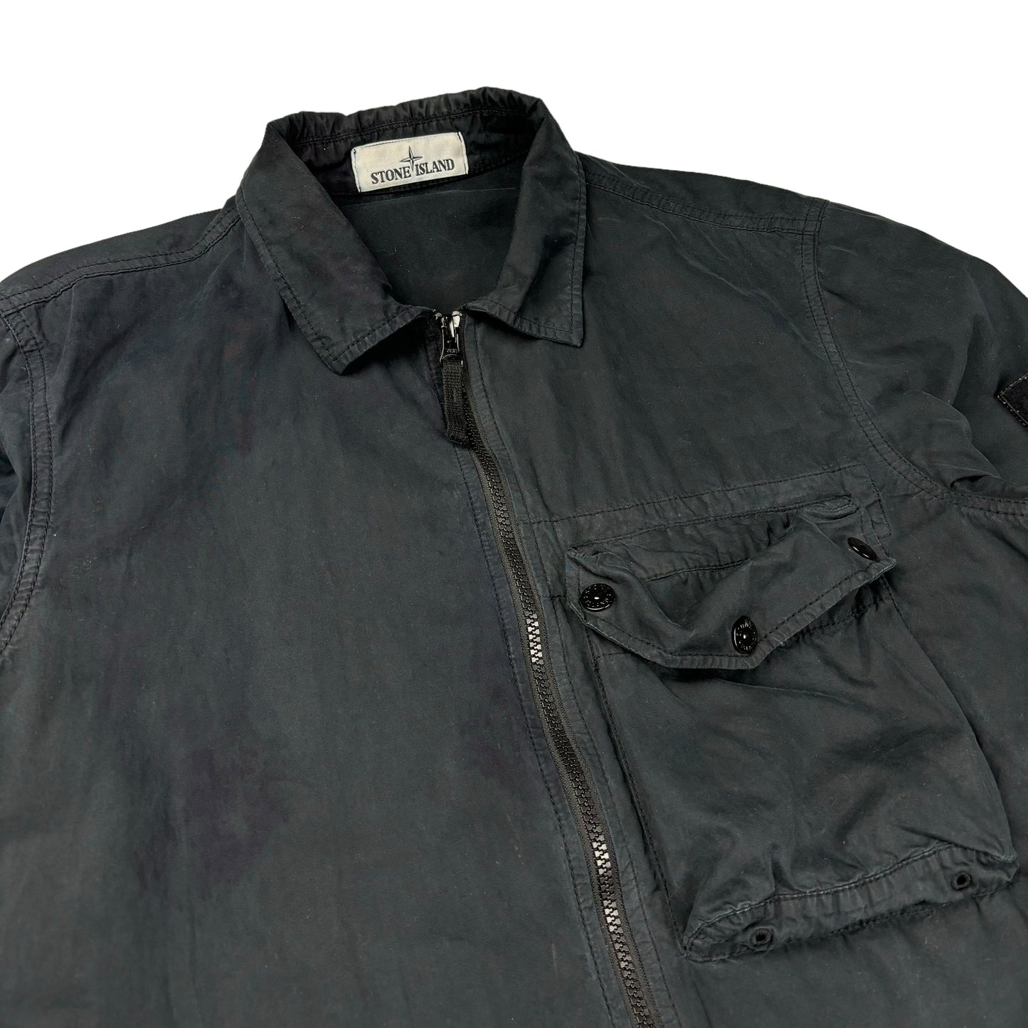 Stone island single pocket black canvas overshirt jacket