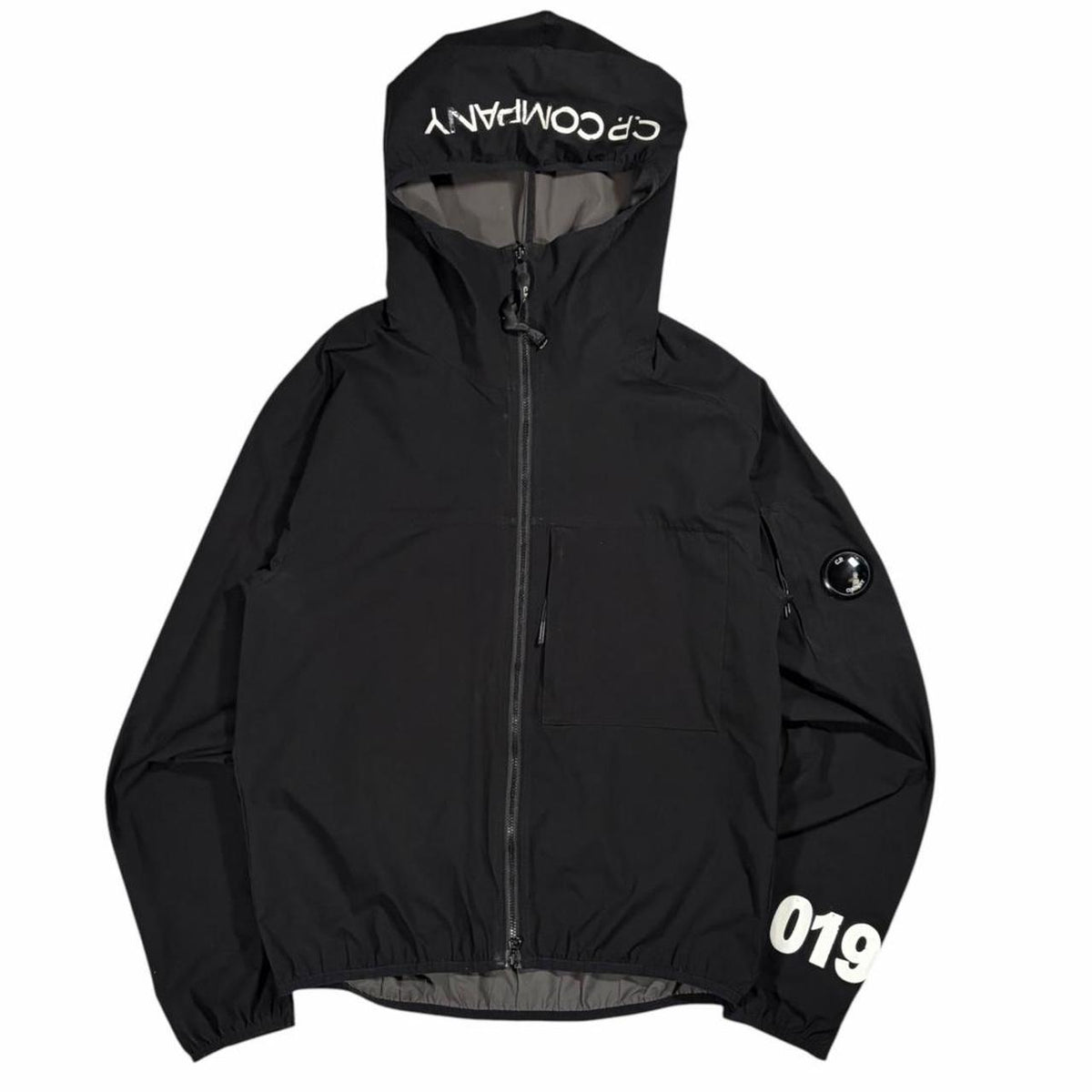 CP Company black Pro-Tek hood spellout jacket (M)
