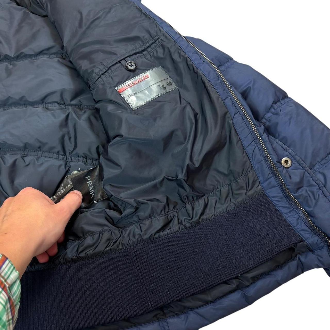 Prada blue triangle logo down puffer jacket (S)