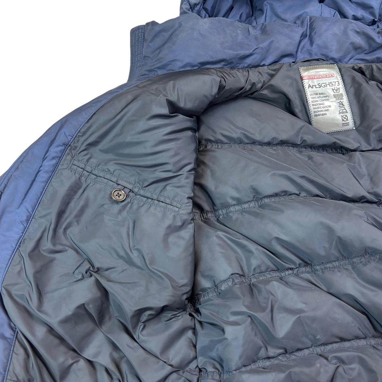 Prada blue triangle logo down puffer jacket (S)